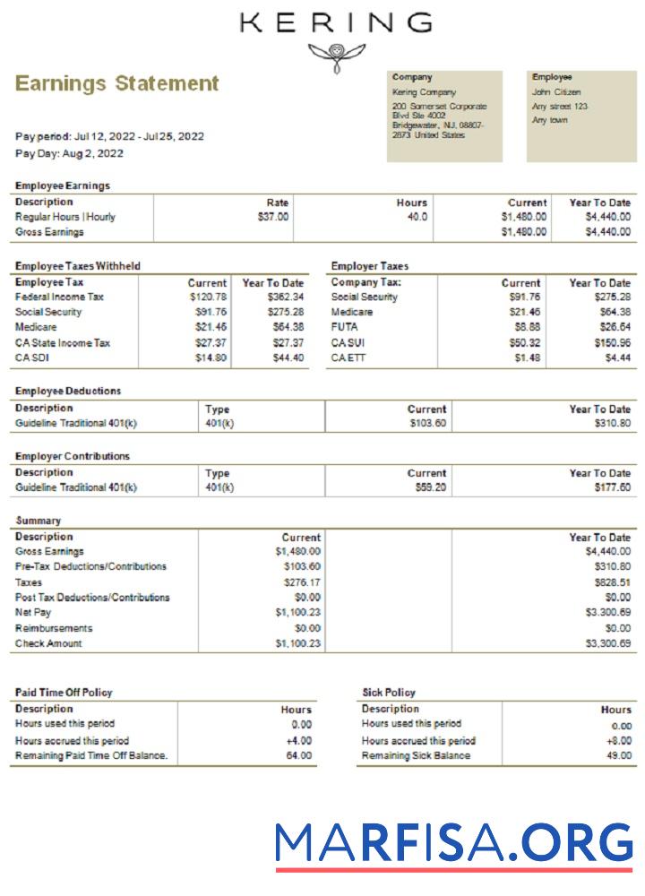 Blank USA Kering luxury goods company pay stub download for verification